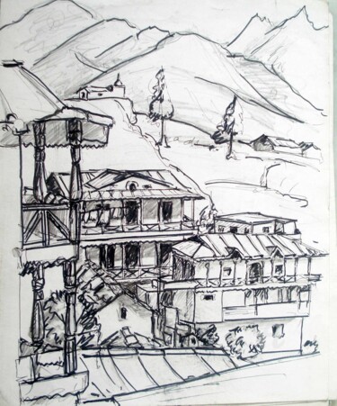 Drawing titled "a view ,GUPT KASHI" by Suddha Sama, Original Artwork, Gel pen