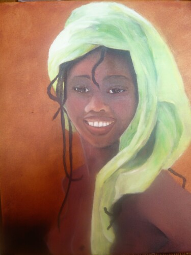 Peinture intitulée "Femme au turban vert" par Barbara Munch, Œuvre d'art originale, Huile Monté sur Châssis en bois