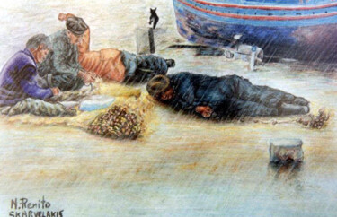 Disegno intitolato "Fishermen Still Life" da Nick Skarvelakis, Opera d'arte originale, Pastello