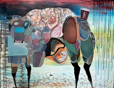 Pittura intitolato "Baby cow" da Yulia Bortkova, Opera d'arte originale, Acrilico Montato su Telaio per barella in legno