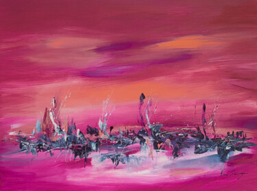 Sous un ciel de feu - tableau abstrait rose Peinture intitulée "Sous un ciel de feu…" par Âme Sauvage, Œuvre d'art originale, Acrylique Monté sur Autre panneau rigide
