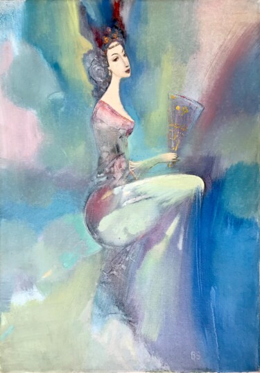 Peinture intitulée "Woman with Hand Fan" par S B, Œuvre d'art originale, Huile Monté sur Châssis en bois