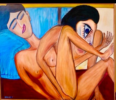 Schilderij getiteld "First time" door Jorgosart, Origineel Kunstwerk, Olie Gemonteerd op Frame voor houten brancard