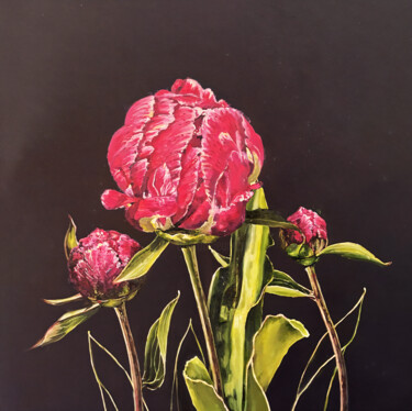 Painting titled "Vintage peony buds" by Nika Mayer, Original Artwork, Oil Mounted on Wood Stretcher frame