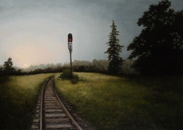 Red light Painting titled "Red light" by Oleg Baulin, Original Artwork, Oil Mounted on Wood Stretcher frame
