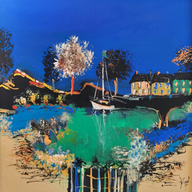 Painting titled "La Crique - Carton…" by Muriel Cayet, Original Artwork, Acrylic