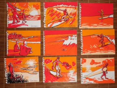 Tekening getiteld "Neuf scènes de Surf" door Fabrice Rehel, Origineel Kunstwerk
