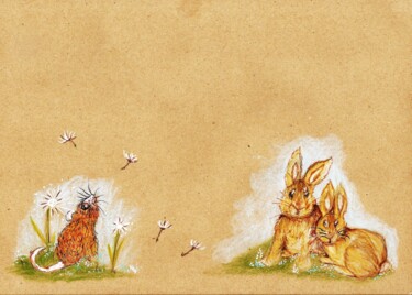 Pintura intitulada "Os coelhos e o rati…" por Isabel Alfarrobinha, Obras de arte originais, Aquarela