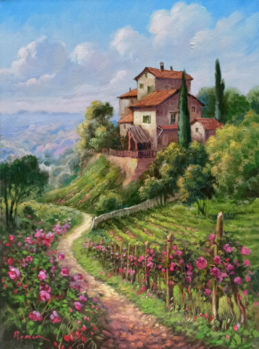 Peinture intitulée "Romantic path of fl…" par Domenico Ronca, Œuvre d'art originale, Huile Monté sur Châssis en bois