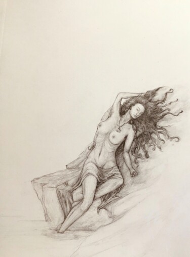 Tekening getiteld "An angel on the rock" door Y. Eylül, Origineel Kunstwerk, Houtskool