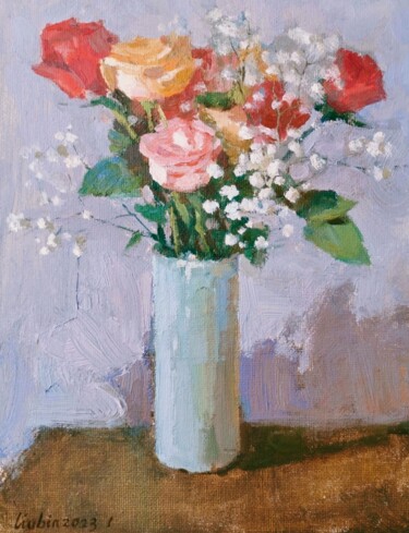 Schilderij getiteld "Blooming roses" door Bin Liu, Origineel Kunstwerk, Olie