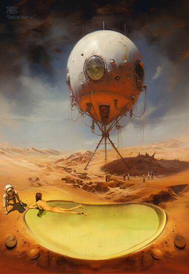 Digital Arts titled "Oasis on MARS v2" by Pointless Pixels, Original Artwork, AI generated image Mounted on Wood Stretcher f…