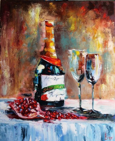 Bottle of champagne and a pomegranate interior oil painting Картина под названием "Bottle of champagne…" - Vladislava Kovalenko, Подлинное произведение искусства, Масло Установлен на Д…