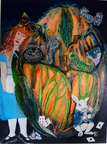 Painting titled "Alice in the Wonder…" by Monica Elizabeth Roses, Original Artwork, Oil Mounted on Wood Panel