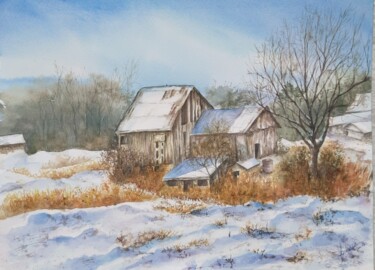 绘画 标题为“Rural winter landsc…” 由Fineartderya, 原创艺术品, 水彩
