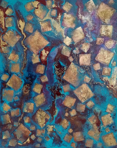 Copper squares on rusted blue surface 拼贴 标题为“Copper squares on r…” 由Lynda Rosemarie Stevens, 原创艺术品, 拼贴