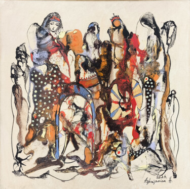 The Masked Ritual Painting titled "The Masked Ritual" by Harutyun Aghajanyan, Original Artwork, Oil Mounted on Wood Stretcher frame