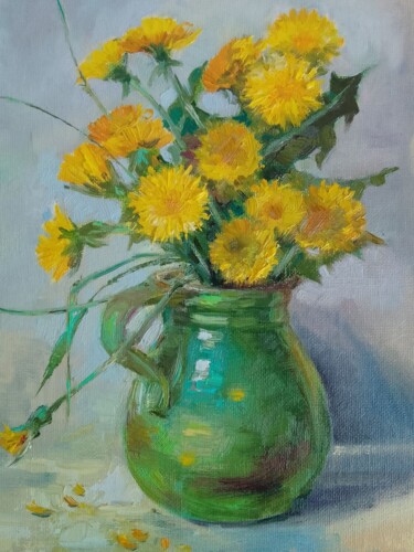 Painting titled "Dandelions  in a Gr…" by Svetlana Semiletova, Original Artwork, Oil Mounted on Cardboard
