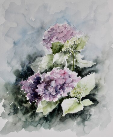 Peinture intitulée "Fleurs d'hortensia…" par Marie-Charlotte Houpeurt-Chauffeté, Œuvre d'art originale, Aquarelle