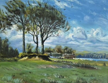 Schilderij getiteld "summer river" door Wenze Zhang, Origineel Kunstwerk, Olie Gemonteerd op Frame voor houten brancard