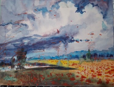 Painting titled "poppies in the mead…" by Queentaty, Original Artwork, Watercolor