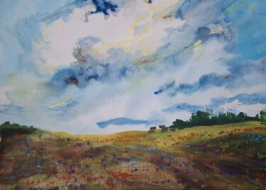 Schilderij getiteld "flowers under the c…" door Queentaty, Origineel Kunstwerk, Aquarel