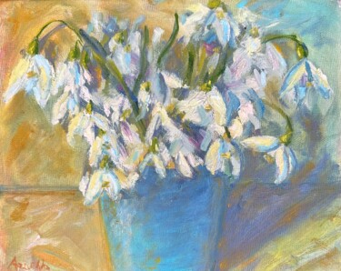 the first snowdrops Painting titled "the first snowdrops" by Natala Azarna, Original Artwork, Oil Mounted on Wood Panel