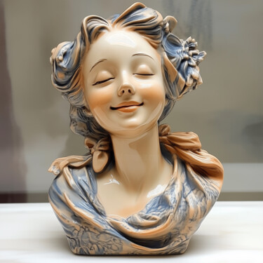 Echoes of Joy – Young Woman in Gzhel Ceramic Digital Arts titled "Echoes of Joy – You…" by Alberto Capitani, Original Artwork, AI generated image
