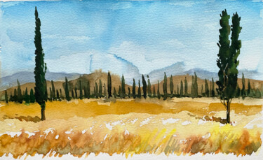 Malerei mit dem Titel "Golden Summer Field…" von Katerina Morozova, Original-Kunstwerk, Aquarell
