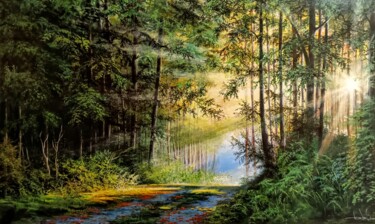 Painting titled "FOREST LIGHT" by Plamen Ivanov, Original Artwork, Acrylic Mounted on Wood Stretcher frame