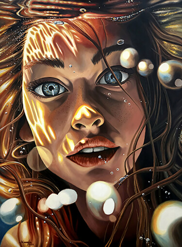 제목이 "Portrait aquatique 4"인 미술작품 Sébastien Carreyre로, 원작, 기름 나무 들것 프레임에 장착됨