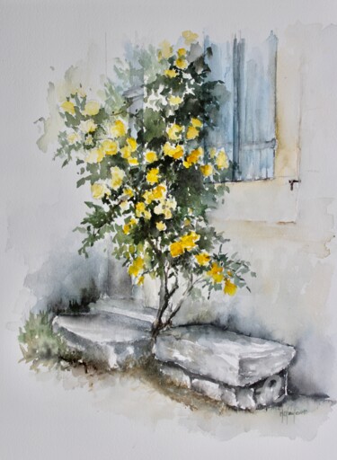 Peinture intitulée "Rosier jaune et vol…" par Marie-Charlotte Houpeurt-Chauffeté, Œuvre d'art originale, Aquarelle