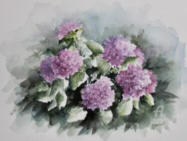 Peinture intitulée "Buisson d'hortensias" par Marie-Charlotte Houpeurt-Chauffeté, Œuvre d'art originale, Aquarelle