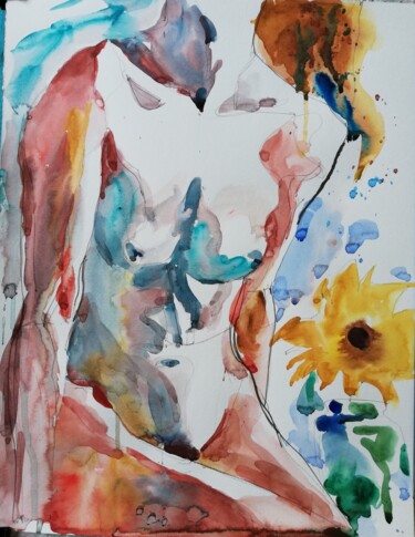 Painting titled "Nude with Sunflower…" by Jelena Djokic, Original Artwork, Watercolor
