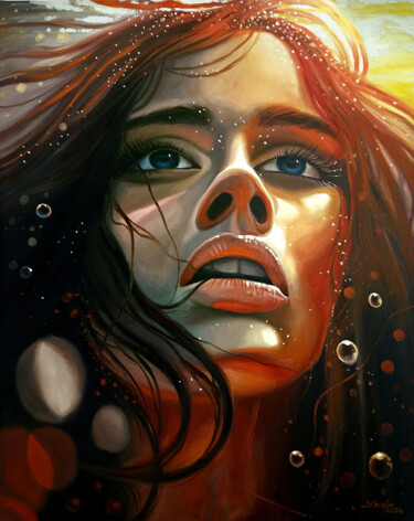 제목이 "Portrait aquatique 7"인 미술작품 Sébastien Carreyre로, 원작, 기름 나무 들것 프레임에 장착됨