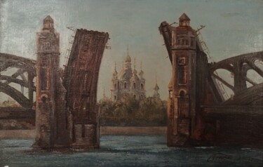 Painting titled "Мост Петра Великого" by Gennadij Elanskij, Original Artwork, Oil Mounted on Wood Panel