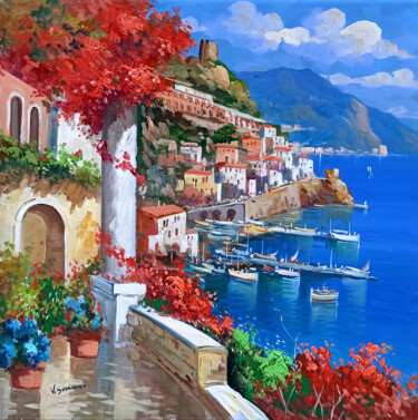 Amalfi in bloom square version - Italy painting Pintura intitulada "Amalfi in bloom squ…" por Vincenzo Somma, Obras de arte originais, Óleo Montado em Armação em madeira