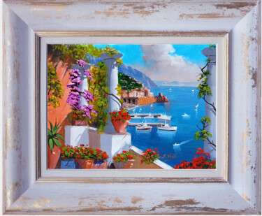 Seaside with flowers - Amalfi painting & frame Peinture intitulée "Seaside with flower…" par Silvio Valli, Œuvre d'art originale, Huile Monté sur Châssis en bois