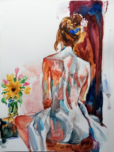 Painting titled "Nude with Sunflower…" by Jelena Djokic, Original Artwork, Watercolor