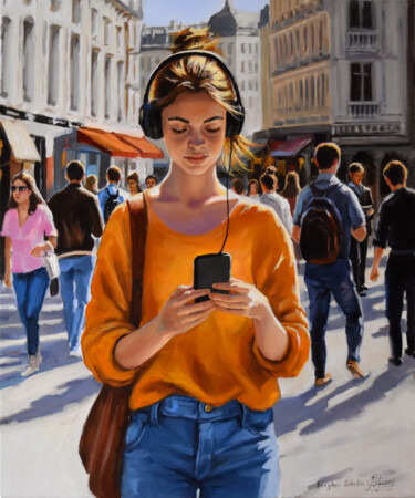 A French student in the city Malerei mit dem Titel "A French student in…" von Serghei Ghetiu, Original-Kunstwerk, Öl Auf Keilrahmen aus Holz montiert