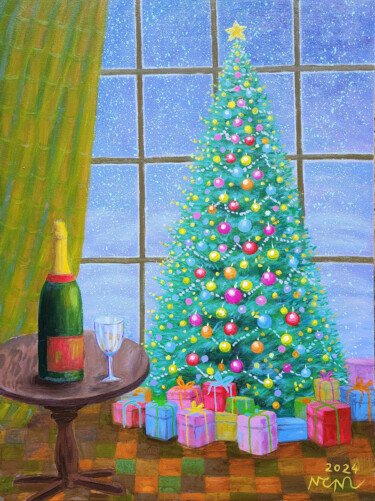 绘画 标题为“Christmas at the do…” 由Chi Nguyen, 原创艺术品, 丙烯 安装在木质担架架上
