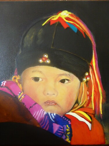 Peinture intitulée "Petit Tibétain" par Barbara Munch, Œuvre d'art originale, Huile Monté sur Châssis en bois