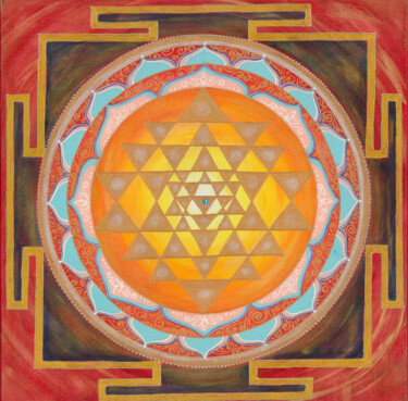 绘画 标题为“Mandala, Red Shri Y…” 由Svitlana Dakhan, 原创艺术品, 丙烯 安装在木质担架架上