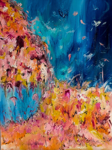 Grottes des océans - tableau abstrait bleu orange vertical Peinture intitulée "Grottes des océans…" par Âme Sauvage, Œuvre d'art originale, Acrylique Monté sur Châssis en bois