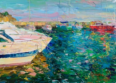 Painting titled "Вечер в Яхт-клубе." by Vasilii Shikhanov, Original Artwork, Oil Mounted on Wood Stretcher frame