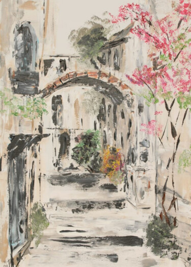 绘画 标题为“Serene Alleyway in…” 由Hend Felhi, 原创艺术品, 丙烯 安装在木质担架架上