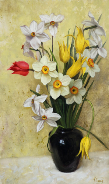 绘画 标题为“Daffodils and tulips” 由Andrey Balychev, 原创艺术品, 油 安装在木质担架架上
