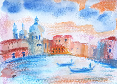 City on water: Venice. oil pastel. blue red pink 绘画 标题为“City on water: Ve…” 由Ludmila Kuchina, 原创艺术品, 粉彩