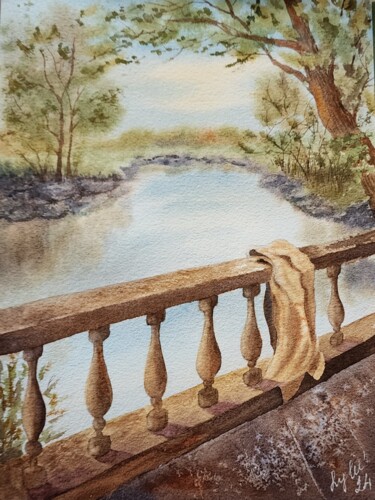 Painting titled "Bridge in the park" by Nataliya Gulina, Original Artwork, Watercolor