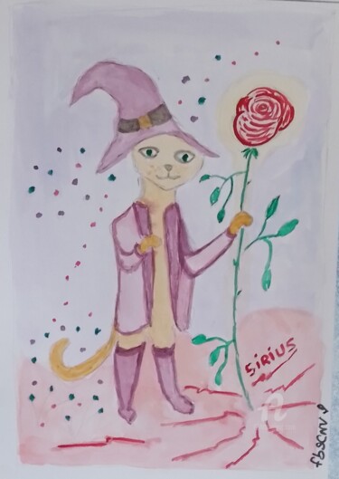 Ζωγραφική με τίτλο "le chat à la rose" από Flobscnv, Αυθεντικά έργα τέχνης, Ακουαρέλα